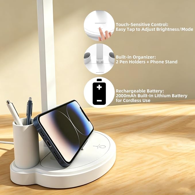 LED Desk Lamp for Home Office Bedroom, Battery Operated Dimmable Table Lamp with Pen Holder, 3 Color Modes, Small, Dimmable, Rechargeable, Phone Mount, Touch Control