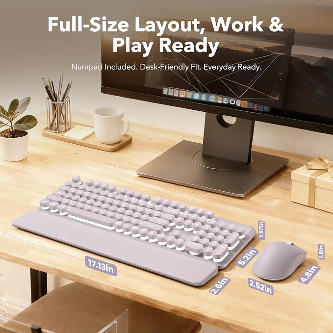 Wireless Keyboard and Mouse Combo, Backlit Round Keycaps, Retro Typewriter Keyboard with Magnetic Wrist Rest, USB-C Rechargeable & Tilt Legs, 2.4GHz Cordless for Mac Windows PC (Glowing Pastel Purple)