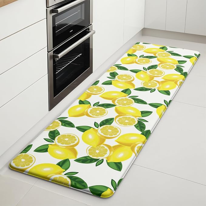 Lemon Kitchen Decor Mat, Extra Long Anti Fatigue Kitchen Mats | Extra Long Coverage,Bright Lemon Pattern,Cushioned Comfort,Waterproof Surface,Non-Slip Backing,Easy Clean,Kitchen Island