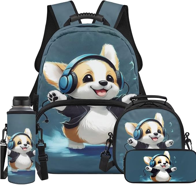 Ystardream Baby Corgi Backpack for Girls Elementary Backpack with Lunch Box & Pencil Case & Water Bottle Sleeve,Teen Kids Sturdy Schoolbag Book Bag Set 4 In 1 Back to School Supplies