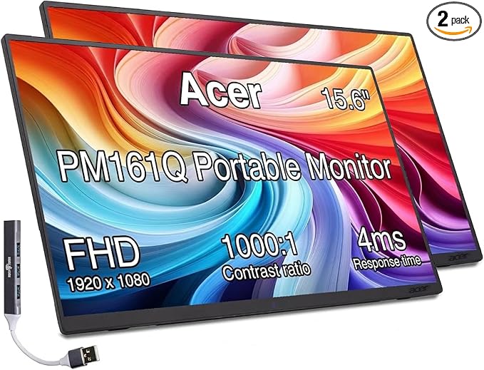 Acer PM161Q 15.6" Portable USB-C IPS Monitor with Tiltable Stand, 4ms Response Time, Anti-Glare, 250 nits Brightness, Built-in Speakers, Mini HDMI & Dockztorm USB Port Expander, Black Color 2 Pack