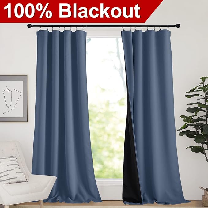 NICETOWN Insulated 100% Blackout Curtains, Elegant Decor Noise Reducing Performance Drapes, Full Light Blocking Draperies for Overnight Shift Worker (Stone Blue, 1 Pair, 52 inches x 95 inches)