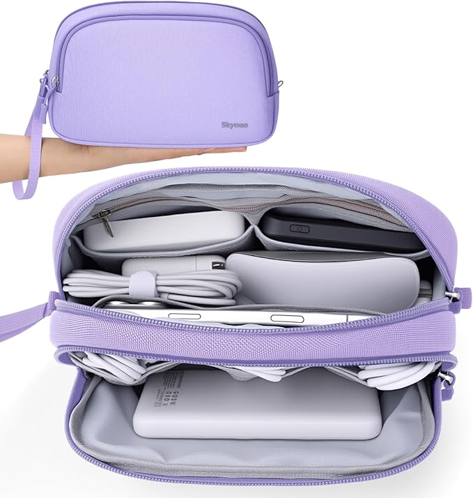 Skycase Travel Cable Organizer - Lightweight Water Resistant Dual-Layer Tech Pouch with Wrist Strap 9 Compartments Electronic Organizer Travel Case for Charger Cord Hard Drive,Small,Purple