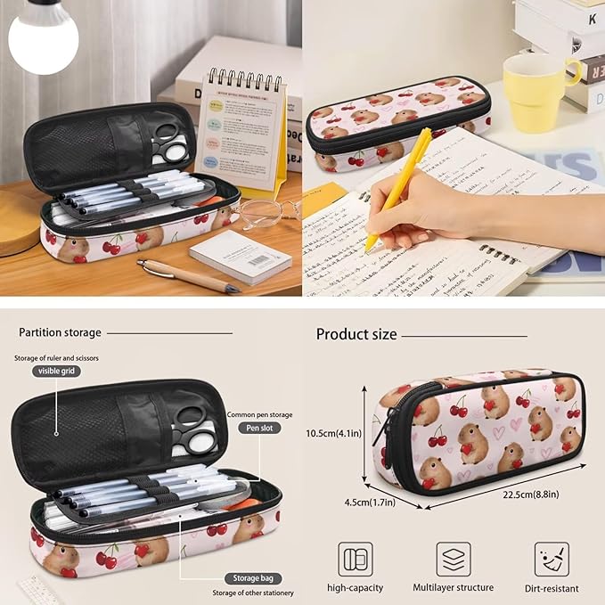 Capybara Cherry Backpack for Teen Girls Primary School Bookbags 3 Piece Set Back to School Supplies Kids Schoolbags with Lunch Bag and Pencil Box