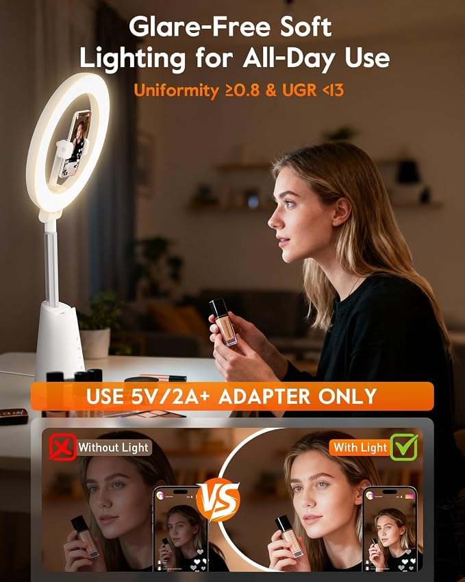 Ring Light for Makeup and Video Recording, 11" Desk Ring Light with 13.5" Stand & Phone Holders, Touch Control, Dimmable LED Selfie Light for Makeup, Video, Zoom Calls, Live Stream, YouTube&TikTok