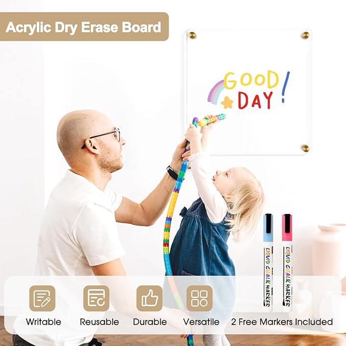 Clear Acrylic Dry Erase Board, 12" X 12" Golden Non-Magnetic Frameless Clear White Board for Wall, Erasable Acrylic Board for Wall, Home, Office, School, 2 Markers