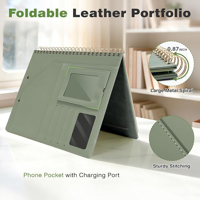 Clipboard with Storage for Men Women, Leather Padfolio Portfolio Organizer 5 Folders with 10 Pockets, Spiral Clipboard Folio with Notepad for Letter Size, Elastic Closure and Pen Loop Sage Green