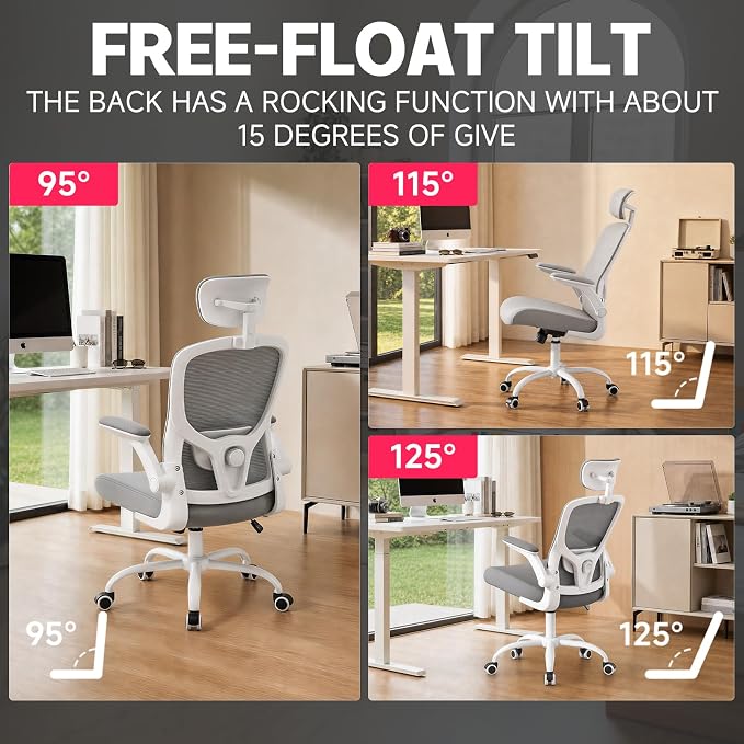Ergonomic Chair for Office- Study Chair,300lb Gaming Chair, Mesh Comfortable High Back Chair, Headrest, Lumbar Support, Armrest, Comfy Seat for Man Woman(White-Grey6076)