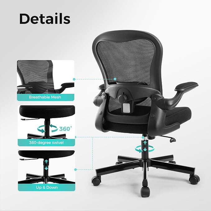 ALPHA HOME Ergonomic Mesh Office Chair, High Back, Black | Executive Computer Chair with Armrests, Sturdy Desk Chair with Height Adjustable Lumbar Support, Rolling Swivel Task Chair