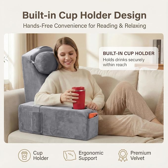21 INCH Reading Pillow for Adults, Back Pillow for Bed Sitting Up, Backrest Pillow for Sitting in Bed, Detachable Arms with Built-in Cup & Phone Caddy (Gray, 21 INCH)