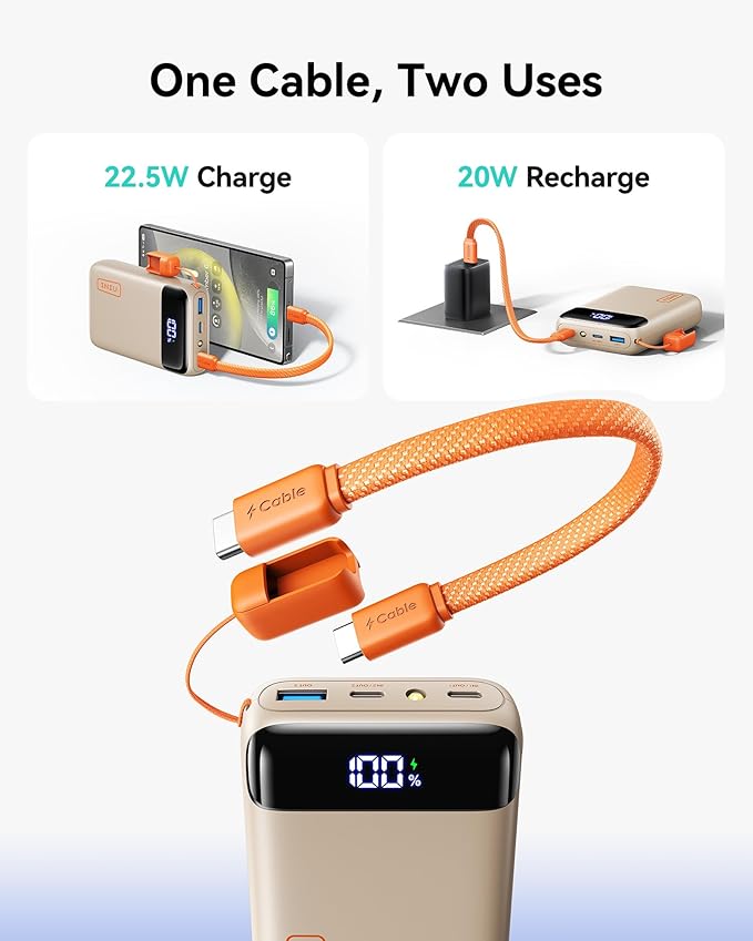 INIU Smallest 20000mAh Power Bank, 22.5W PD Fast Charging Portable Charger with USB-C Cable, Flight-Safe Battery Pack for Travel & Women Daily Commute & Gift, Mini Size for iPhone Samsung iPad, Beige