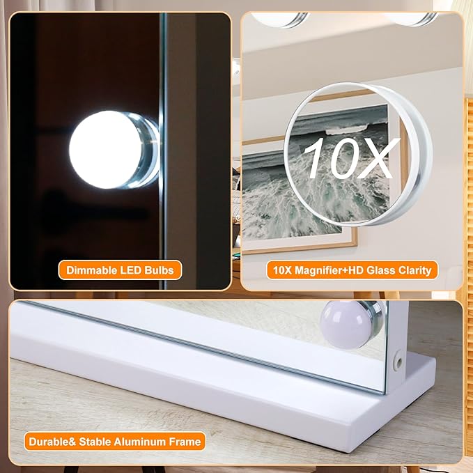 Moonee Vanity Mirror with Lights, Hollywood Lighted Makeup Mirror with 24 Dimmable Bulbs and 10X Magnification, 3 Colors Modes, Aluminum Metal Frame, Light Up Mirror for Tabletop/Wall（48" x 30"）