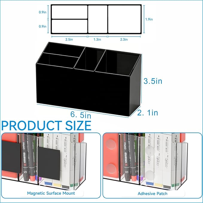 Yieach 2 Pack Magnetic Marker Holder for Whiteboard with Magnet and Adhesive - Non Slip Acrylic Magnetic Pen Cup and Dry Erase Marker Holder for Expo,Refrigerator,Locker and Classroom Organizer,Black