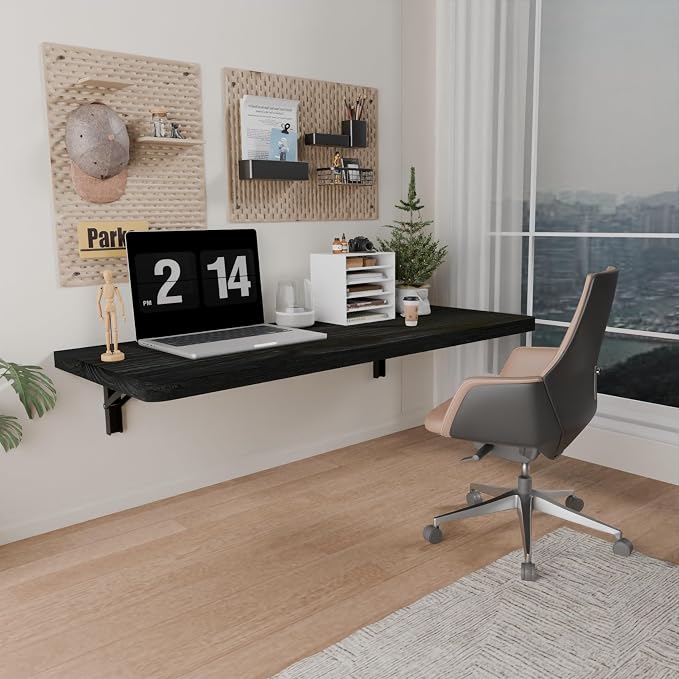 IAE Wall Mounted Folding Table with Pine Wood,36" x 14" Floating Wall Desk,Laundry Folding Table with Shelf Brackets,Fold Down Desk Shelf,Fold Workbench for Apartments,Home,Laundry Room,Kitchen,Black