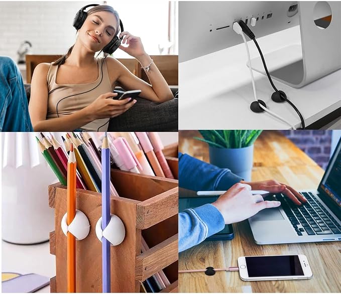 Cord Holder Cable Clips, 12PCS Black Self-Adhesive Wire Management Keeper Cord Organizer Charger Holder for Desktop USB Charging Cable Nightstand Power Cord Mouse Cable Wire PC Office Home (Black)