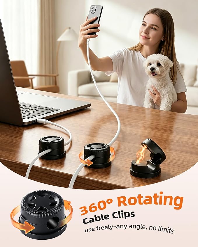 AGPTEK 8 Pack Magnetic Cable Clips, 360° Rotatable Cord Holder, Black | Adhesive Desk Cord Organizer for Nightstand, Home Office Wire Management Wire Keeper for Phone Charger USB Charging Cables