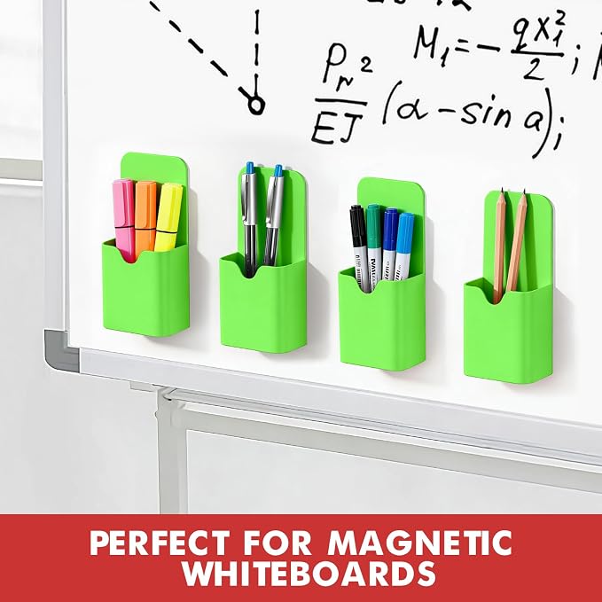 BEYGORM 4 Pack Magnetic Pen Holder for Whiteboard, Upgraded 1.5 mm Pencil Cup Organizer for Dry Erase Markers, Ideal Classroom, Office, Refrigerator, Locker (Green)