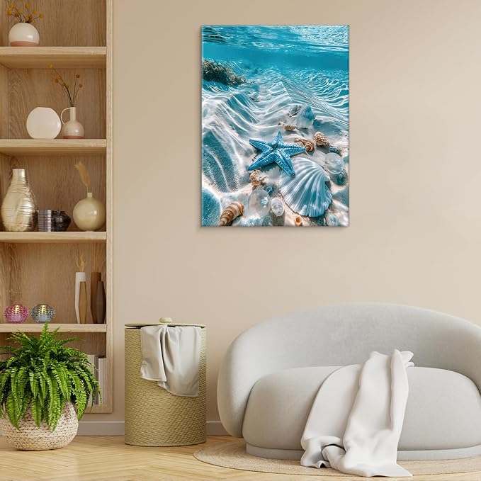 Coastal Beach Seashell Wall Art Decor Blue Ocean Starfish Painting Picture Artwork Seascape Aesthetic Wall Decor for Home Beach Room Bedroom 11x15 Canvas Framed