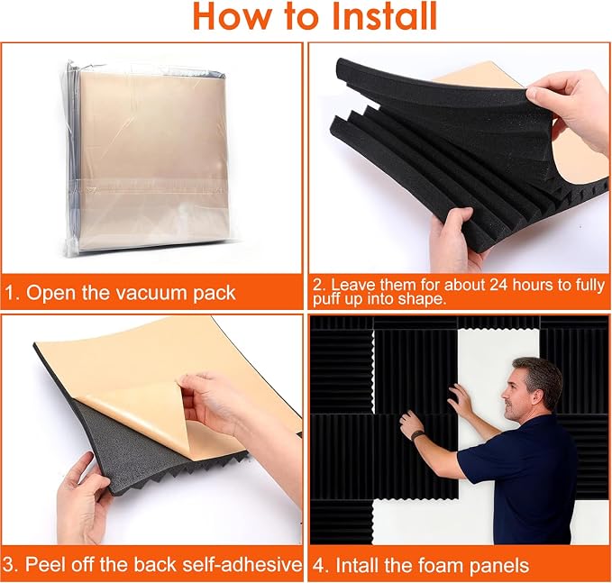 FONESO Acoustic Panels, High Density Soundproof Foam Panels, Fire Resistant Sound Absorbing Acoustic Foam Panels for Studio Recording, Black 1"x12"x12" 12 Pack with Adhesive