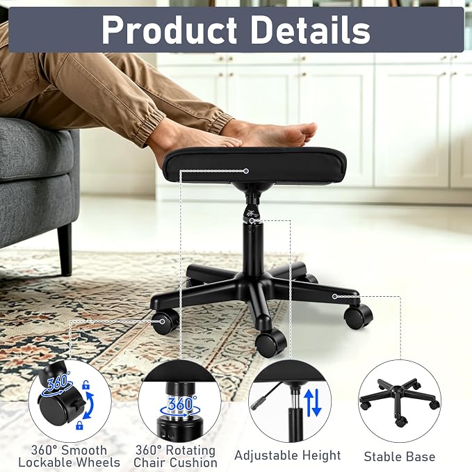 Footrest Under Desk Leg Rest Ottoman Adjustable Height Foot Stool with Wheels Leather Footrest for Home Office, Large (Black)