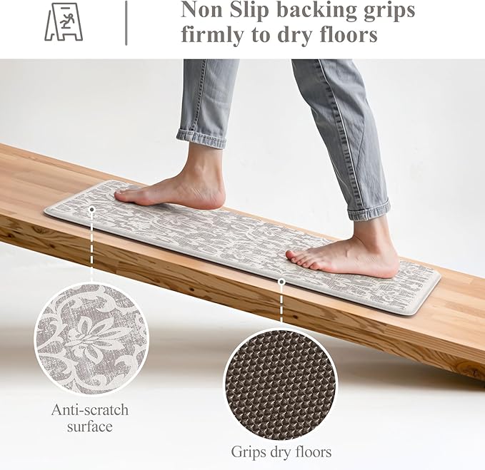 LEEVAN Cushioned Kitchen Mats for Floor Sets of 2, Vintage Distressed Grey Anti-Fatigue Kitchen Mat for Laundry,Non Slip Waterproof Standing Mat for Home,Office, Desk,Sink(17.3"x29"+17.3"x59")