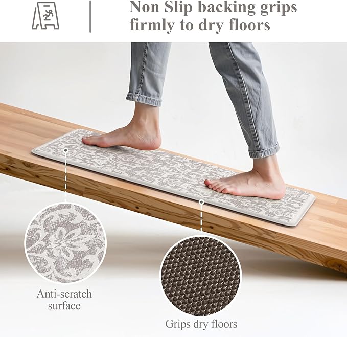 LEEVAN Anti Fatigue Kitchen Mats for Floor, Cushioned Kitchen Mat Set 2PCS | 17.3"x29"+17.3"x47", Vintage Floral Grey Kitchen Rugs Non-Slip, Waterproof Ergonomic Standing Mats for Laundry, Office & Sink