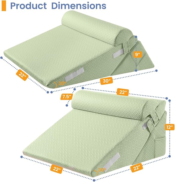 Sasttie Adjustable Wedge Pillow Set for After Surgery, Sage | Bed Wedge Pillow Headboard with Memory Foam Neck Cushion, for Acid Reflux, Sleeping, Neck & Back Support