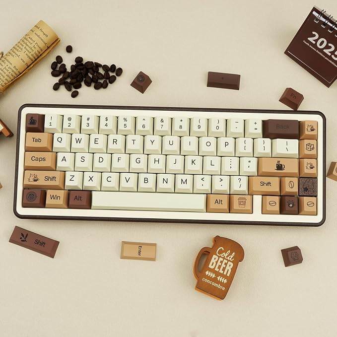 Brown PBT Keycaps, Coffee Cat Cute Keycaps, Cherry Profile Key caps 60 65 75 100 Percent, Dye-Sublimation Custom 130 Keys Set for 100%, 75%, 65%, 60% Cherry Gateron MX Switches Keyboards