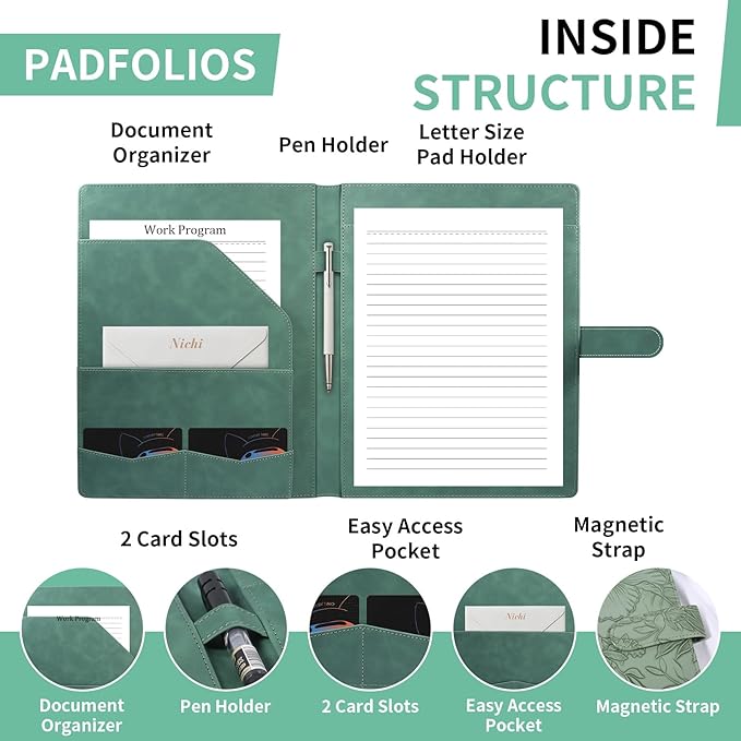 Professional Portfolio Binder, Faux Leather Portfolio Folder Binder, Legal Pad Holder for A4 Letter Size Notepad, Resume, Writing Pad, Ideal Organizer for Business Office Conference, (Green)