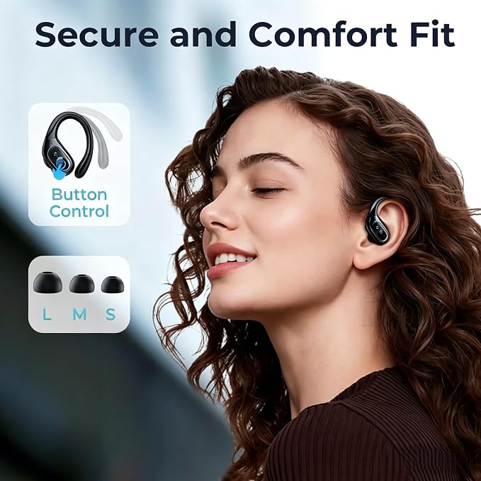occiam Active Noise Cancelling Earbuds Wireless Bluetooth Headphones Ear Buds 90Hrs Playback Stereo Bass Earphones with Mic Over-Ear Hooks IPX7 Waterproof Headset for Work Sports Running Glossy Black