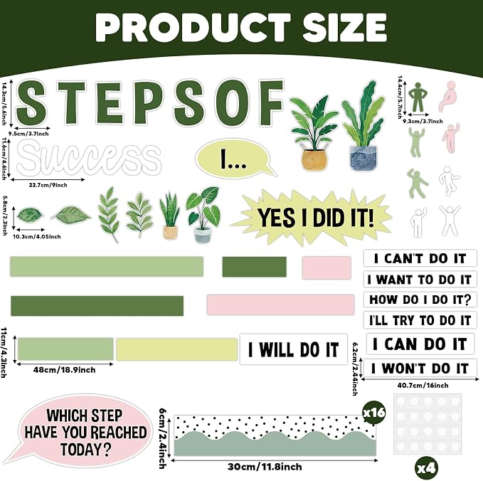Motivational Bulletin Board Decorations Set Back to School Positive Classroom Decor Steps of Success Paper Cutouts Educational Sayings Accents for School Door Wall Chalkboard Decor Supplies (Plant)