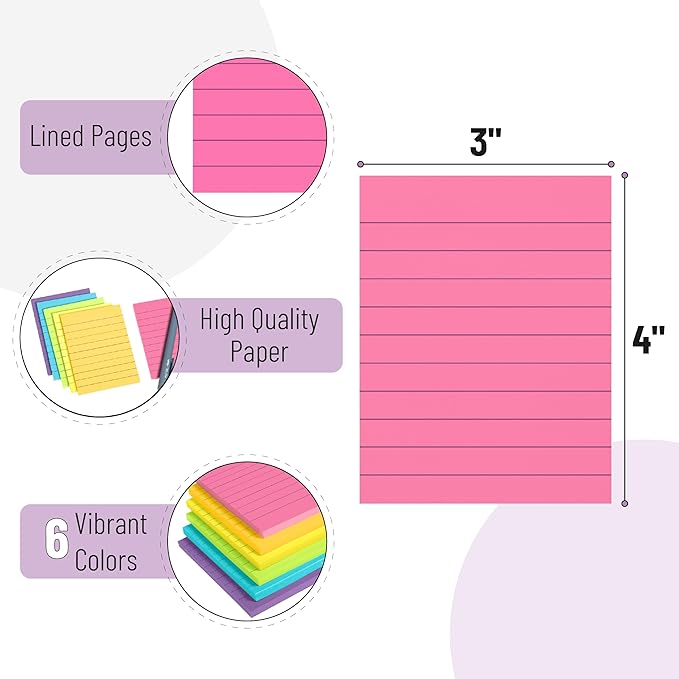 Mr. Pen- Lined Sticky Notes, 3" x 4", 6 Pads, 60 Sheets/Pad, Vibrant Color | Sticky Notes with Lines, Ruled Post Stickies, Memo Pads, Self-Stick Note Pad for Office, School, Home, Study