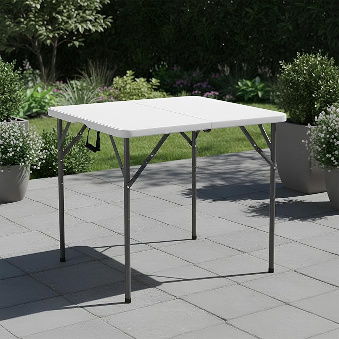FDW 34" Square Plastic Folding Card Table, Portable Fold-in-Half Plastic Picnic Party Table with Carrying Handle, White