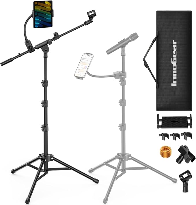 InnoGear Microphone Stand Floor, Adjustable Tripod Boom Mic Stand with Tablet Phone Holder Carrying Bag 2 Mic Clips 3/8" to 5/8" Adapter for Blue Yeti SM58 SM48 Fifine K669B, Podcast Singing Stage