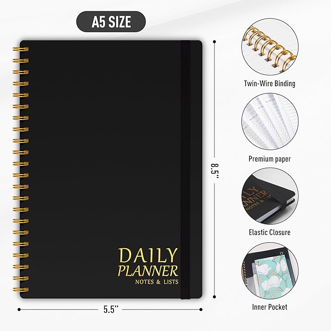 Daily Planner with Hourly Schedules - Undated To Do List Notebook for Work and Study, Spiral Bound, 5.5" x 8.5", Easily Manage Tasks and Appointments - Black