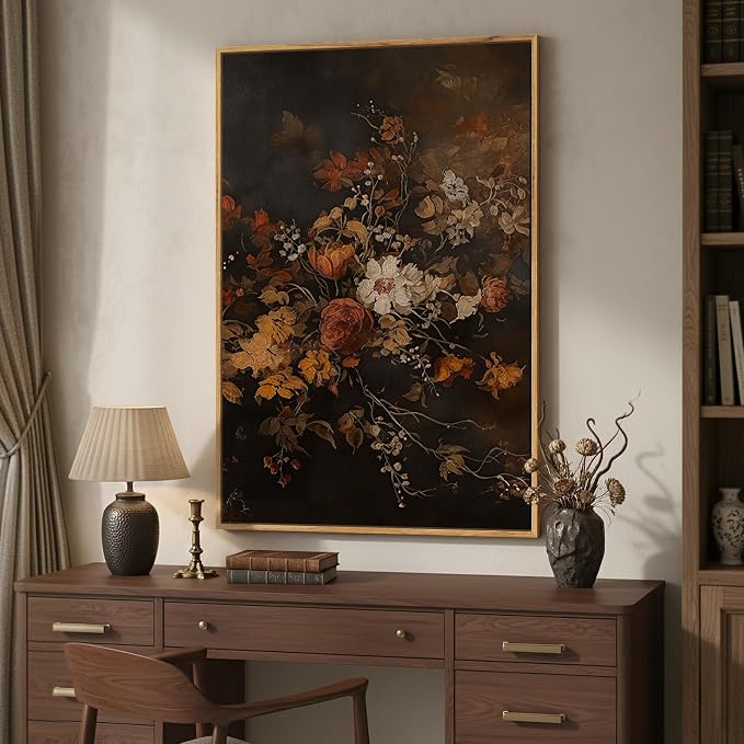 Framed Vintage Floral Wall Art for Room Decor, Retro Dark Moody Flower Canvas Artwork for Walls, Vertical Antique Botanical Painting Print for Living Room Bedroom Hallway Office Wall Decor, 24x36 Inch