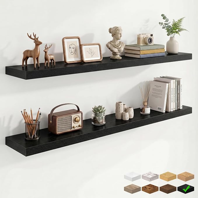 Marsmiles 55in Floating Shelves for Wall, 55" W x 9.25" D x 1.5" H, Long Wall Mounted Engineered Wood Shelves with Invisible Brackets for Living Room, Bedroom, Bathroom, Kitchen, Black, 2Pcs