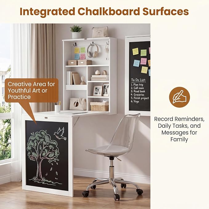 Tangkula Foldable Wall-Mounted Desk, Floating Desk with Chalkboard, Storage Shelves & Hooks, Space-Saving Murphy Table for Home Office, Bedroom, Dorm Room, Small Spaces