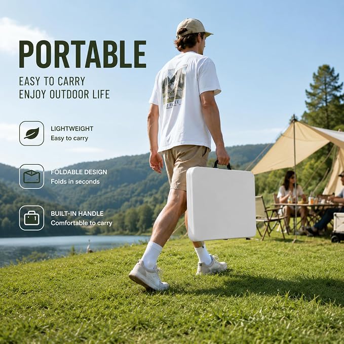 36" Square Folding Table, Portable Card Table with Built-in Handle, Heavy Duty Foldable Table No Assembly, for Camping, Picnic, BBQ, Party, Indoor Outdoor Use, White
