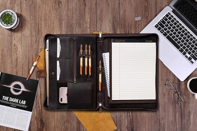 Genuine Leather Business Portfolio Padfolio Folder with Zipper for Men, Men's Leather Padfolio Folder for 13" Laptop, Business Portfolio for Letter Size Notepad, Graduation Gift，Dark Brown