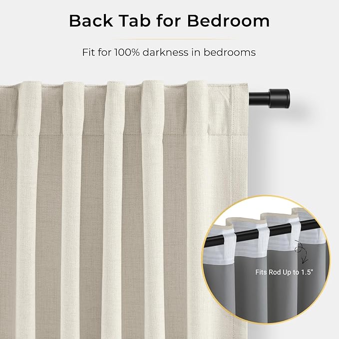 INOVADAY 100% Blackout Curtains for Bedroom, Beige White Black Out Curtains 90 Inch Long, Clip Rings Linen Blackout Drapes, Thermal Insulated Room Darkening for Living Room, 2 Panels - W50xL90