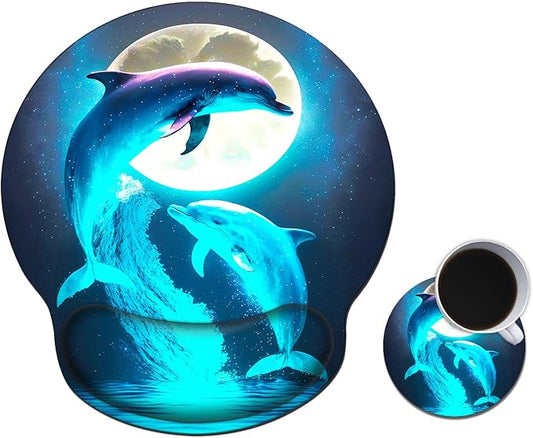 Mouse Pad with Wrist Support Gel, Ergonomic Mouse Pad with Comfortable Wrist Rest, Gaming Mousepad Non-Slip PU Base for Laptop Office Easy Typing & Pain Relief,Cute Dolphins and Moon