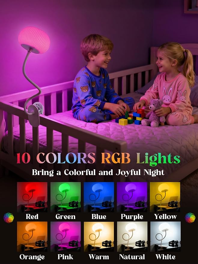 Clip on Lamp, 10 RGB Colors+10 Brightness Desk Lamp with Clamp, 800 Lumen Bright Clamp lamp, USB Adapter Reading Light for Bed/Headboard/Bedside Table/Bedroom/Kids Room/College Dorm