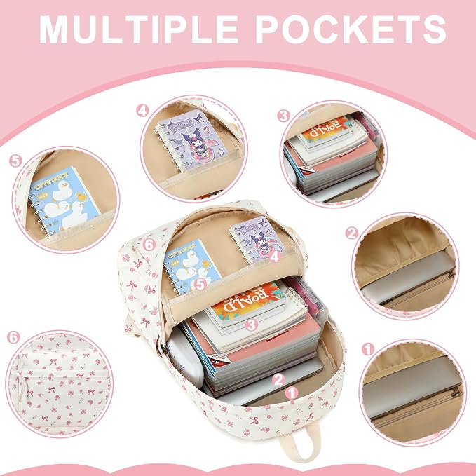 Bluboon Teen Girls School Backpack Kids Bookbag Set with Lunch Box Pencil Case Travel Laptop Backpack Casual Daypacks (Beige bow tie)