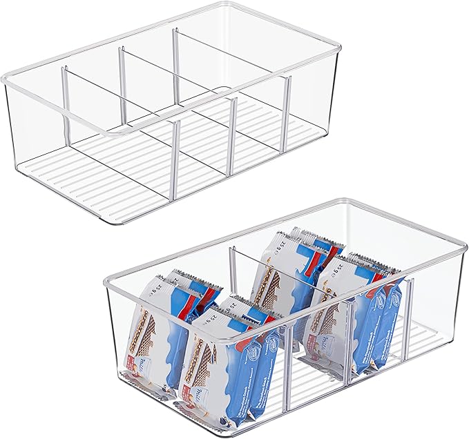 Vtopmart 2 Pack Food Storage Organizer Bins, Clear Plastic Bins for Pantry, Kitchen, Fridge, Cabinet Organization and Storage, 4 Compartment Holder Packets, Snacks, Pouches, Spice Packets | For Pantry, Kitchen, Fridge and Cabinet Organization, Organize...