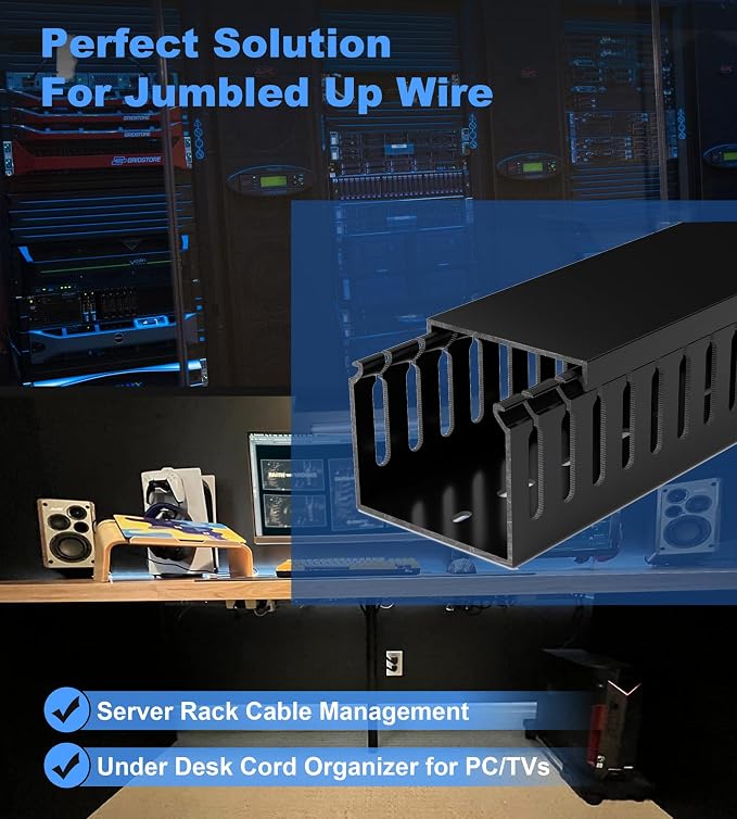 ZhiYo 2"H x 2.4"W Cable Management Raceway, 95in Under Desk Channel, Black | Slotted Wire Duct, 4Pack, 23.6in Each, Heavy-Duty PVC Cable Management for Server Racks, Network Cables & Electrical Cabinets