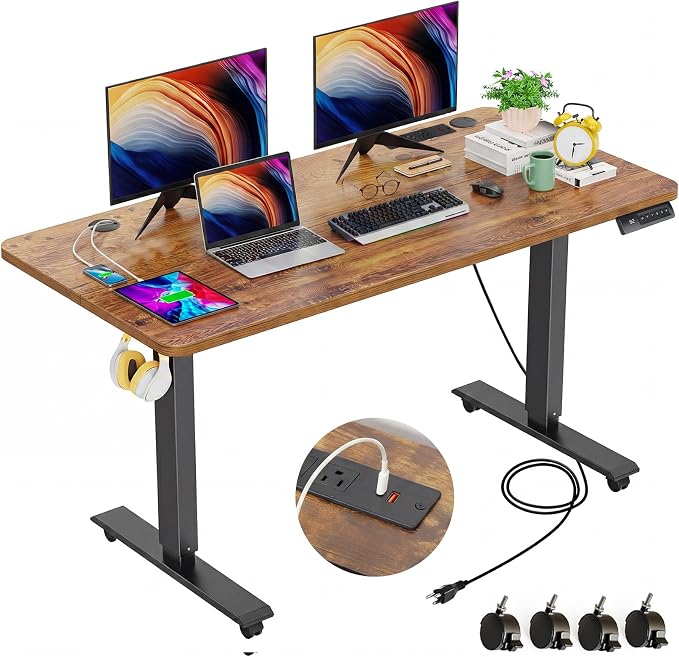 farexon 48 x 24 inch Standing Desk Electric Adjustable Height with Power Outlets, Stand up Desk with Ergonomic Workstation, Preset Heights Home Office Gaming Computer Workstations Table(Brown)