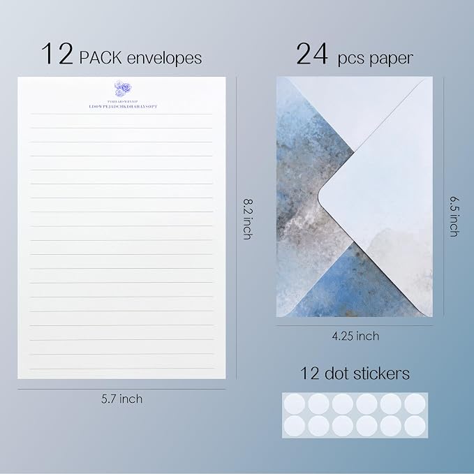 Tuhangcc Stationary Paper Set Minimalism - Hand Blended Colors,12 Envelopes (4x6 in) & 24 Lined Paper for Wedding Love Letters, Invitations, Anniversaries (Lake Blue - Grey)