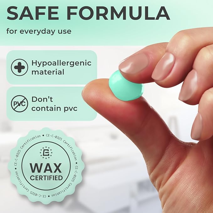 Peace&Quiet PQ Wax Ear Plugs for Sleeping, Swimming - 50 Soft Noise Cancelling Silicone Gel Wax Earplugs for Sleep and Swimmers, Ear Protection with Sound Blocking Level of 32 Db, Green