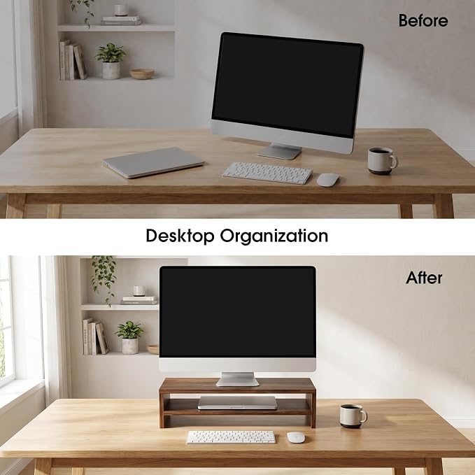 FITUEYES Wooden Monitor Stand Riser, 2-Tier Desk Storage Shelf, Brown | 21.3-Inch Desktop Organizer Fits Laptop, Computer Screen and Office Supplies